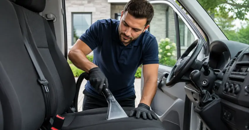 fleet vehicle interior cleaning technician cleaning company van seats in Edmonton