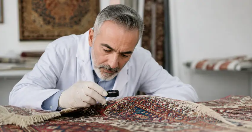 fine rug cleaning specialist examining Persian rug fibers in Edmonton