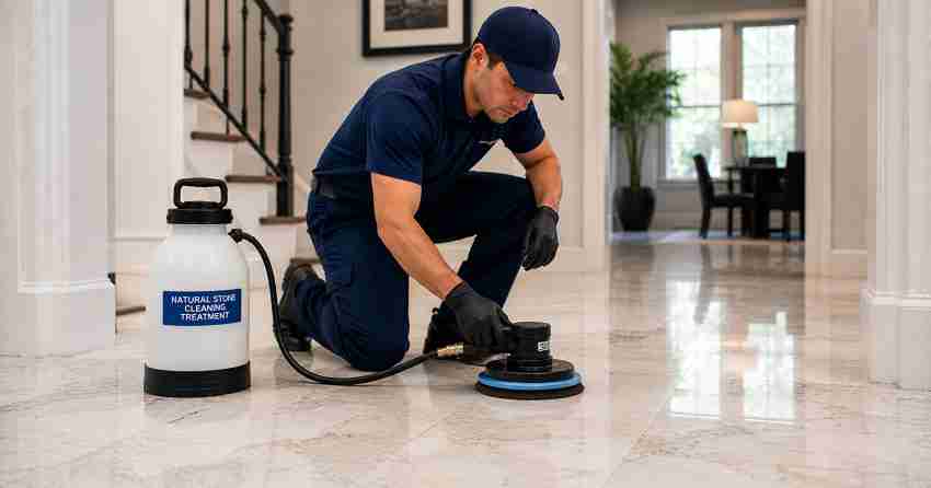 natural stone cleaning treatment on marble floor in residential home