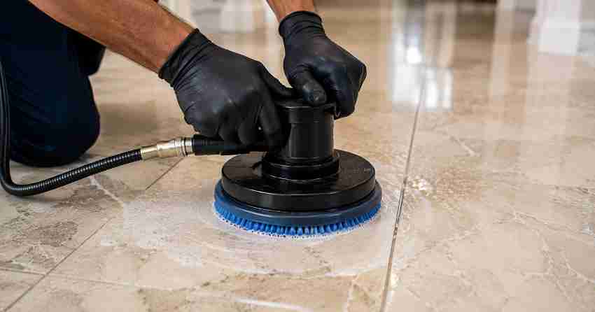 grout and natural stone cleaning process close-up