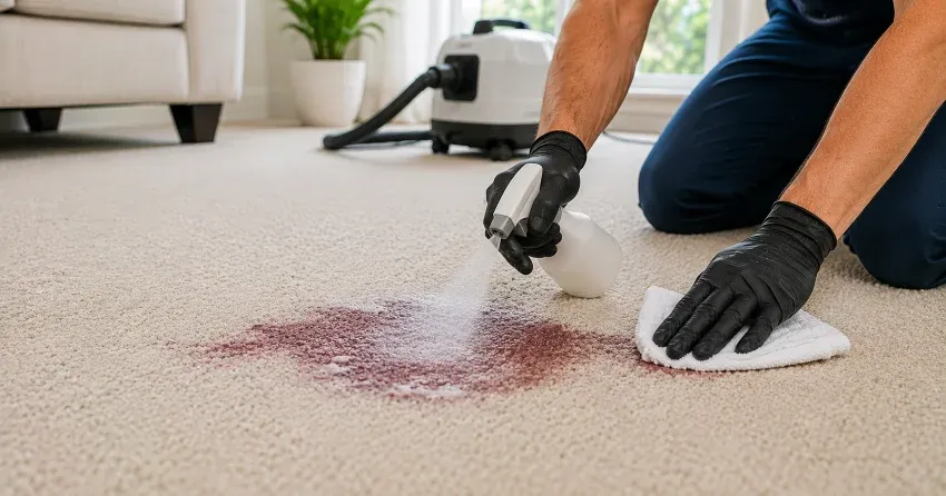 professional wine stain removal treatment on carpet in Edmonton