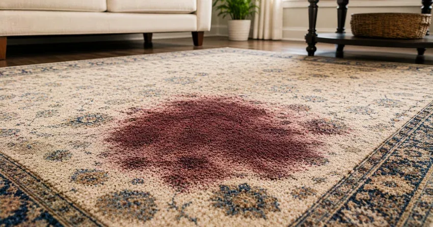 wine stain on area rug before professional treatment